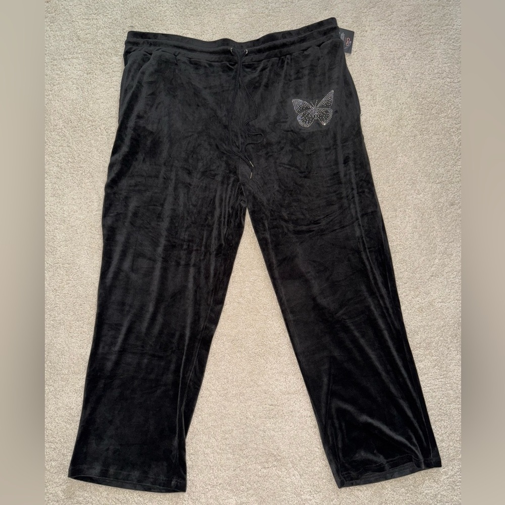 Black Velour Pants with Butterfly Rhinestone Detail